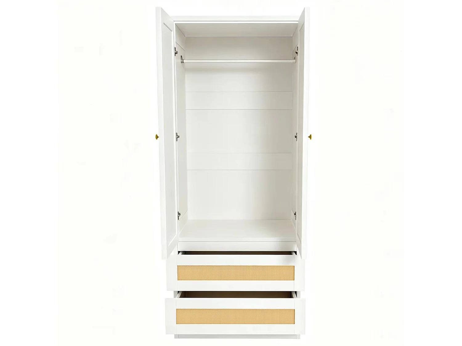 Guarda-roupa de 2 portas com 2 gavetas, prateleiras e portas com efeito de rattan - Madeira, metal, contraplacado e MDF - 70 x 55 x 170 cm - Branco
