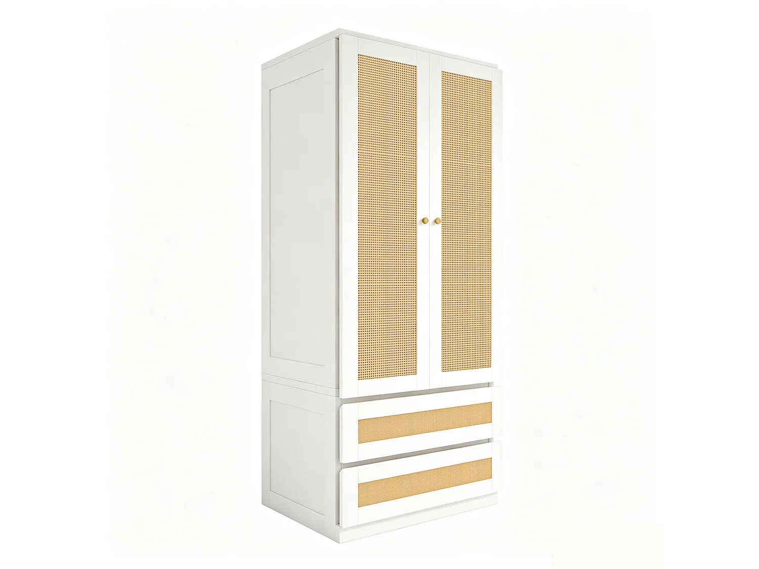 Guarda-roupa de 2 portas com 2 gavetas, prateleiras e portas com efeito de rattan - Madeira, metal, contraplacado e MDF - 70 x 55 x 170 cm - Branco