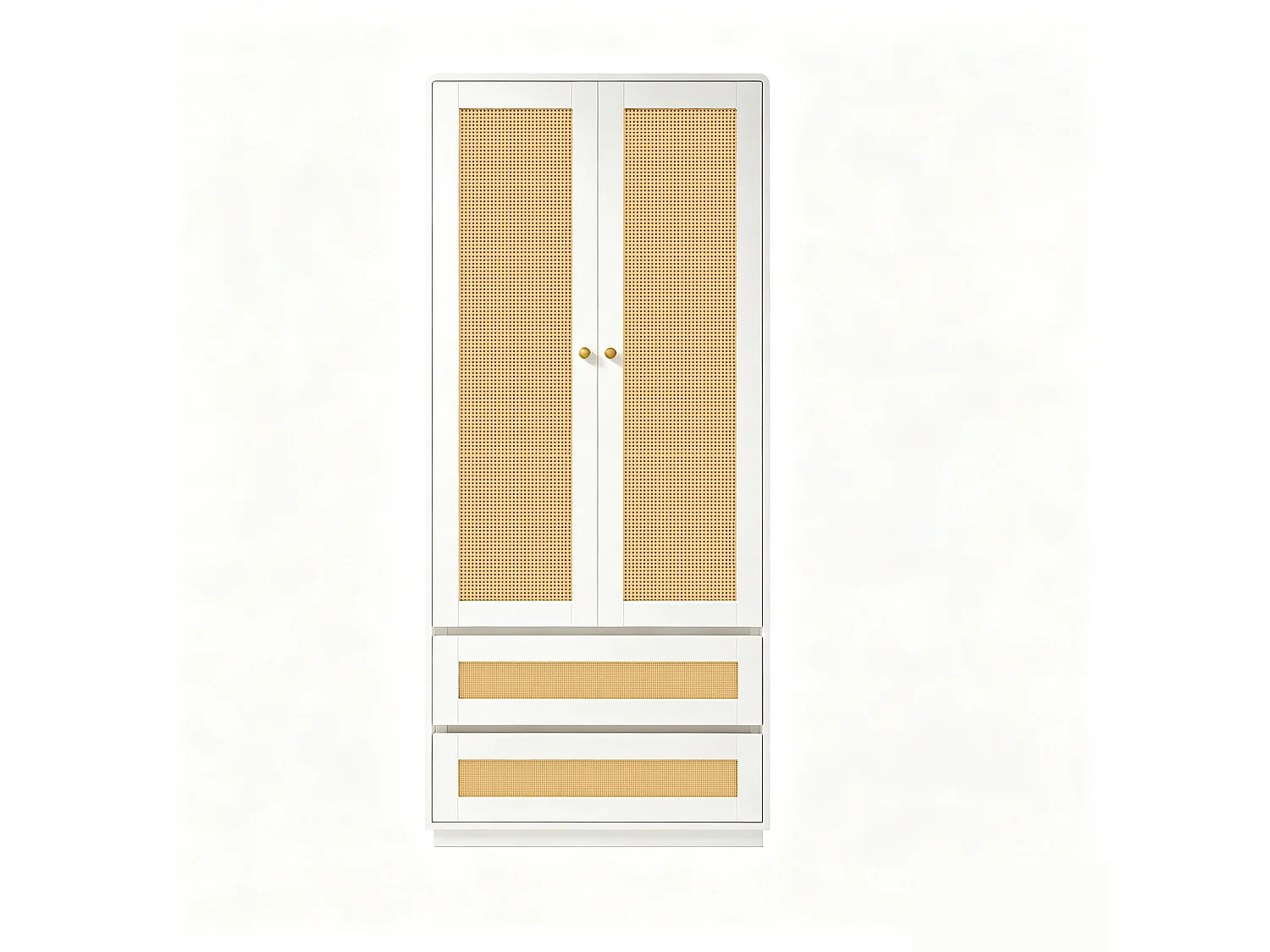 Guarda-roupa de 2 portas com 2 gavetas, prateleiras e portas com efeito de rattan - Madeira, metal, contraplacado e MDF - 70 x 55 x 170 cm - Branco