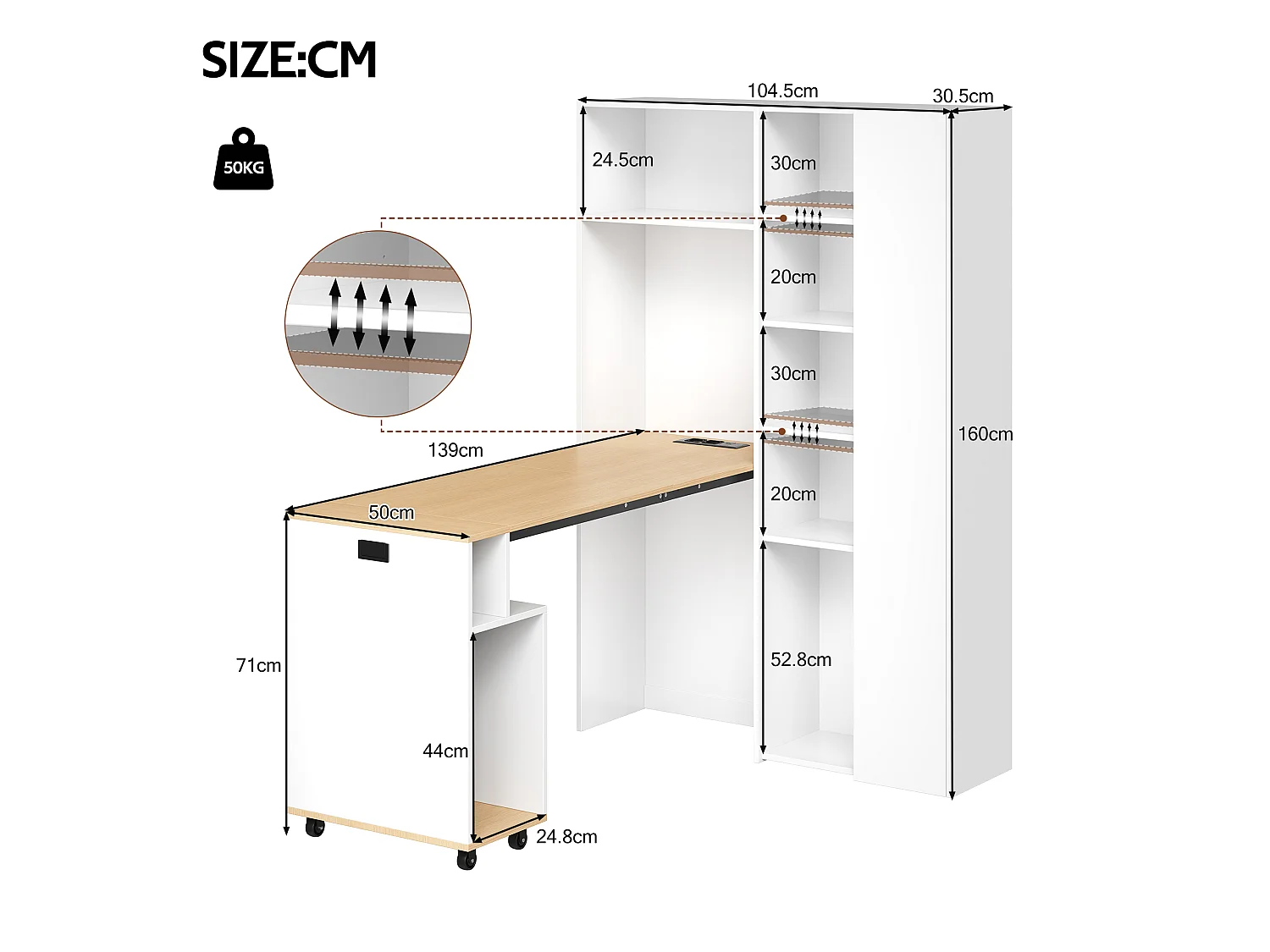 Opklapbaar bureau met 1 deur en verstelbare planken - 104,5 x 30,5 x 160 cm - MDF - stopcontact en USB-poorten - Wit