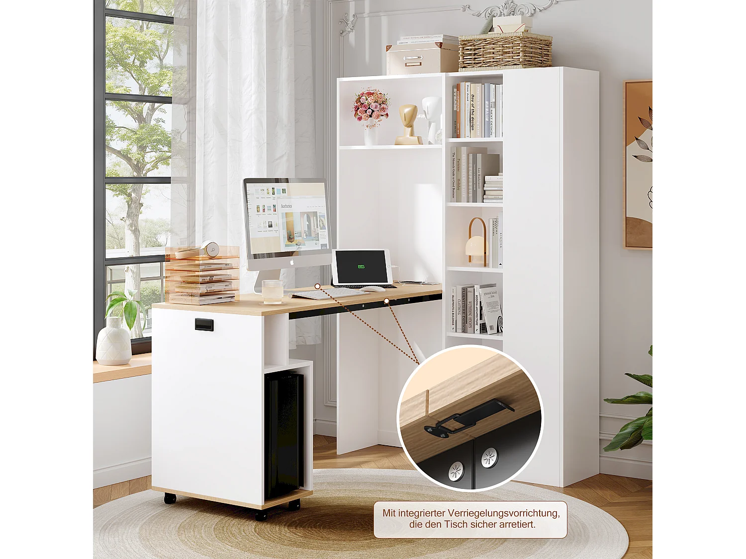 Opklapbaar bureau met 1 deur en verstelbare planken - 104,5 x 30,5 x 160 cm - MDF - stopcontact en USB-poorten - Wit