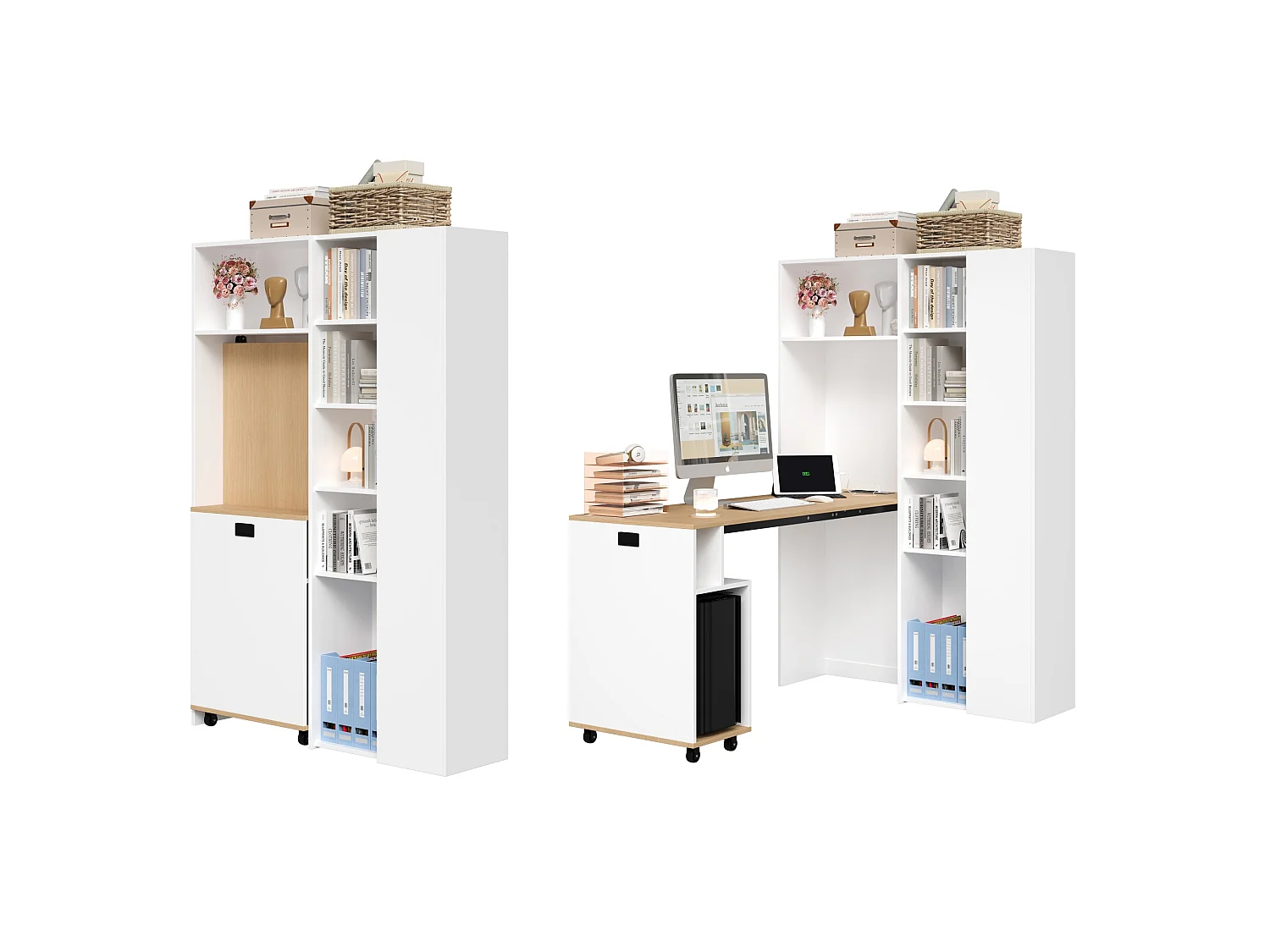 Opklapbaar bureau met 1 deur en verstelbare planken - 104,5 x 30,5 x 160 cm - MDF - stopcontact en USB-poorten - Wit
