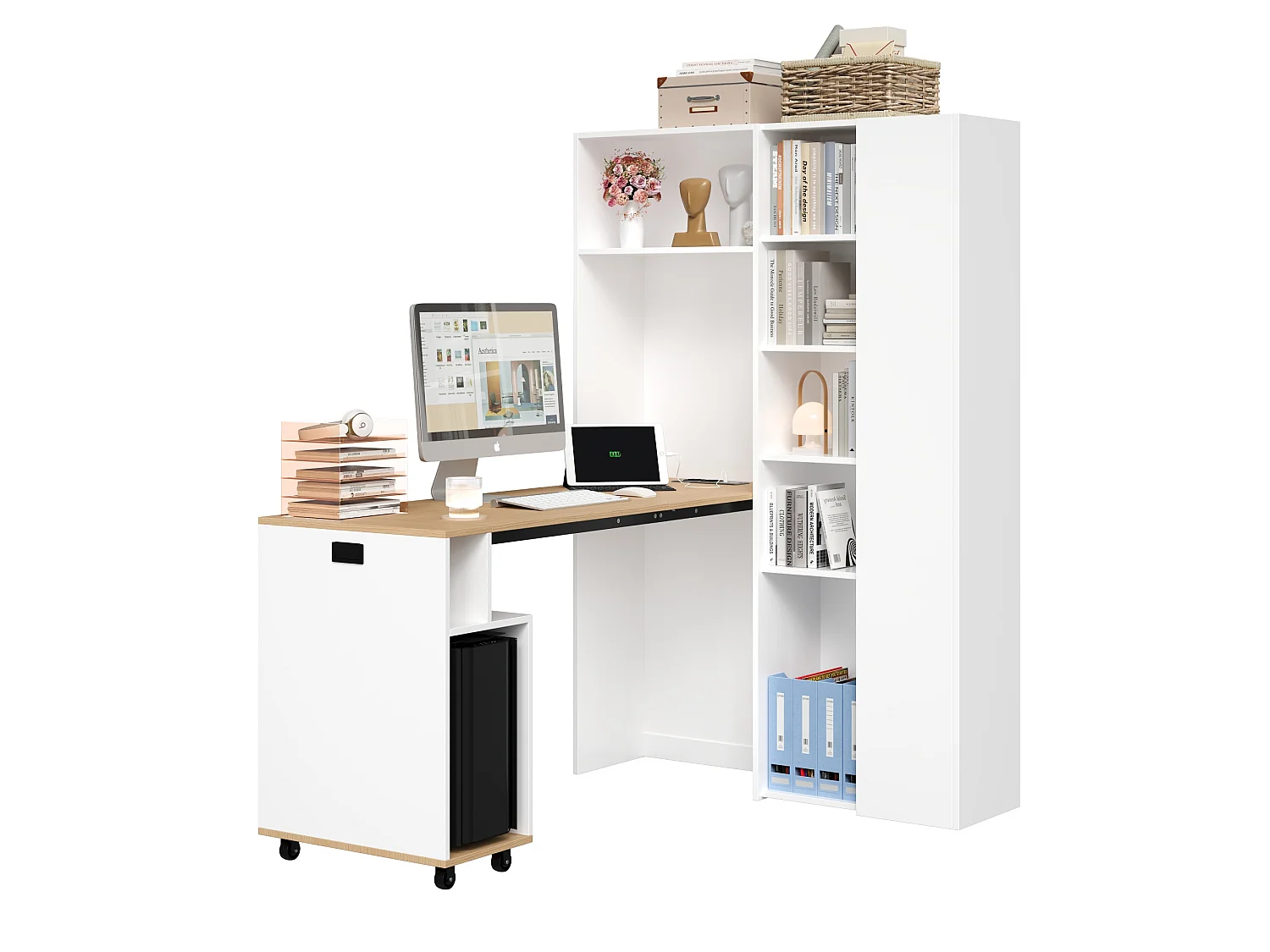 Opklapbaar bureau met 1 deur en verstelbare planken - 104,5 x 30,5 x 160 cm - MDF - stopcontact en USB-poorten - Wit