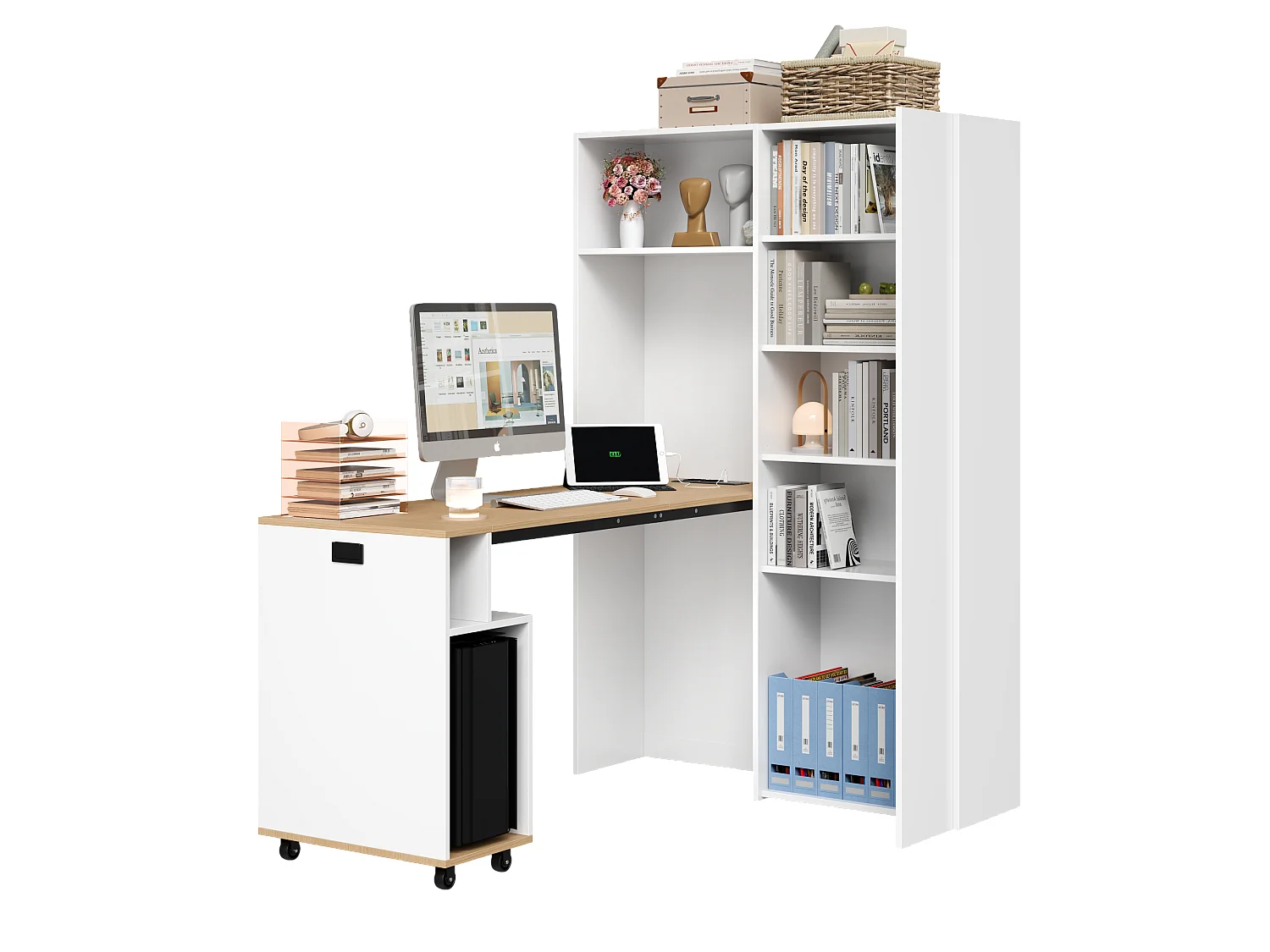 Opklapbaar bureau met 1 deur en verstelbare planken - 104,5 x 30,5 x 160 cm - MDF - stopcontact en USB-poorten - Wit