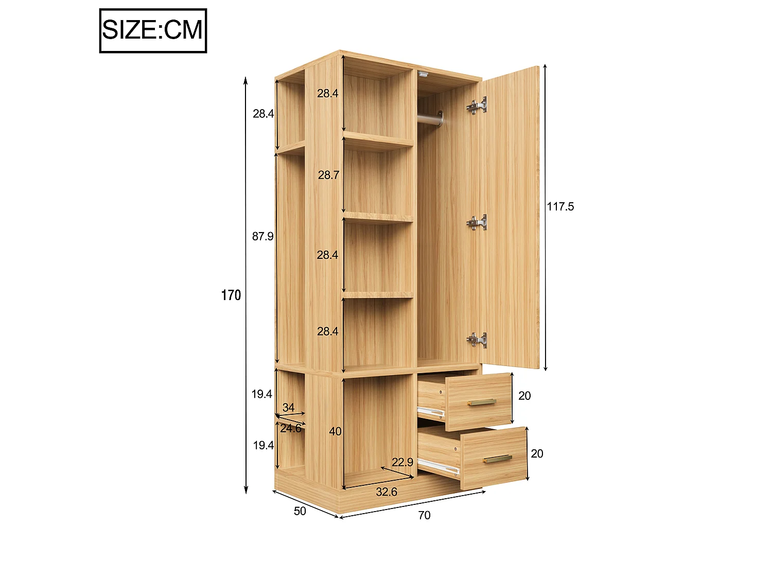 Kleiderschrank mit einer Tür, doppelter Kleiderstange, Einlegeböden und zwei Schubladen – Holz, Metall, Sperrholz und MDF – 70 x 50 x 170 cm – Naturholz