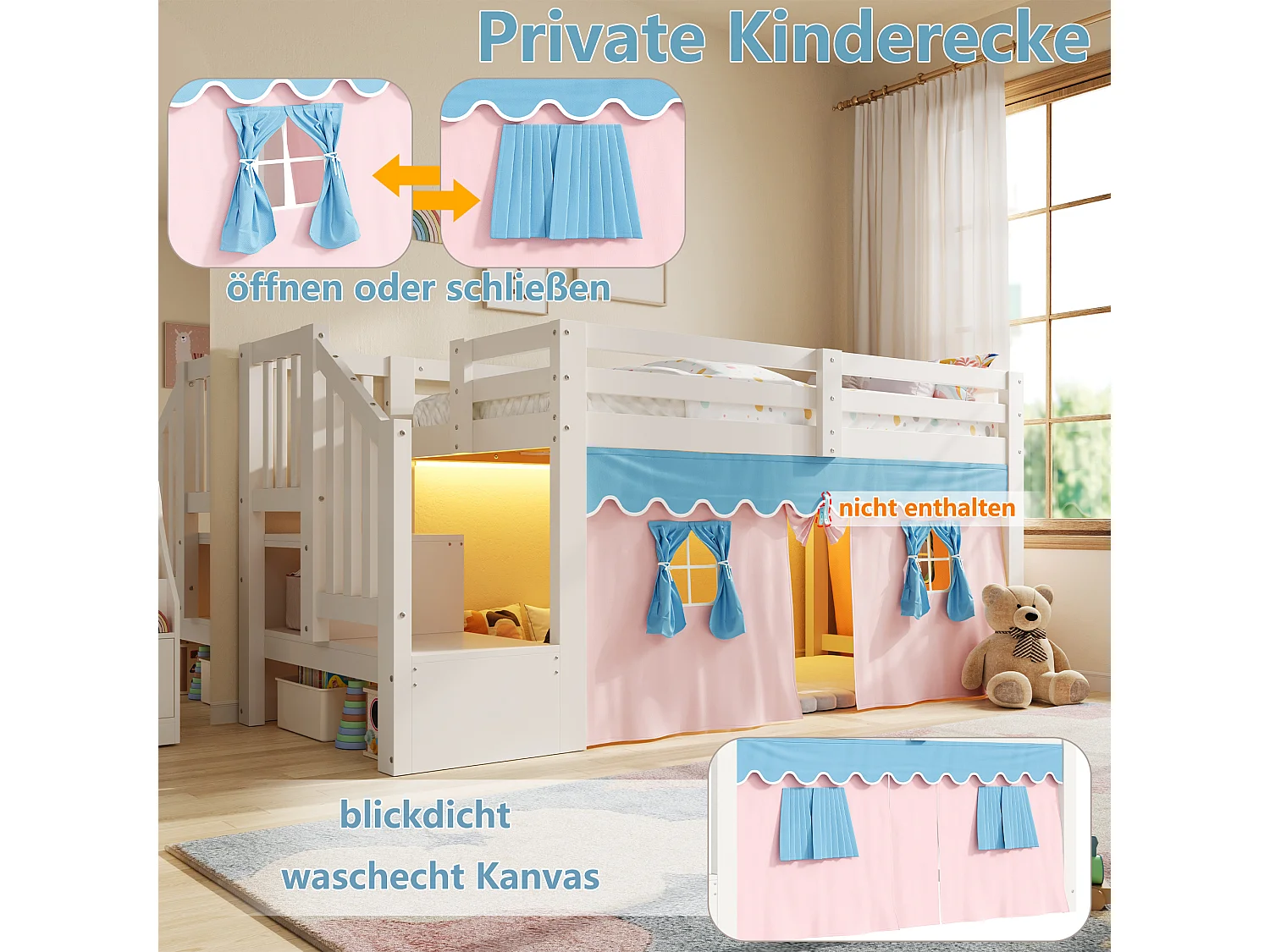 Lit mi-hauteur enfant 90 x 200 cm avec rideaux occultants, espace sous lit et LED - Pin + MDF - Blanc (Sans matelas)