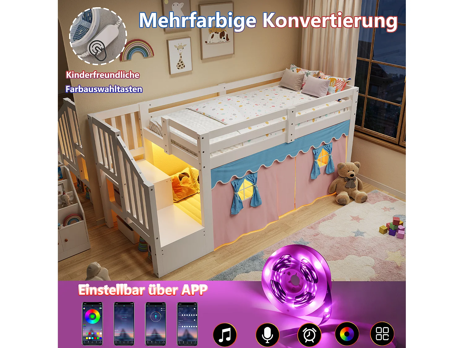 Lit mi-hauteur enfant 90 x 200 cm avec rideaux occultants, espace sous lit et LED - Pin + MDF - Blanc (Sans matelas)