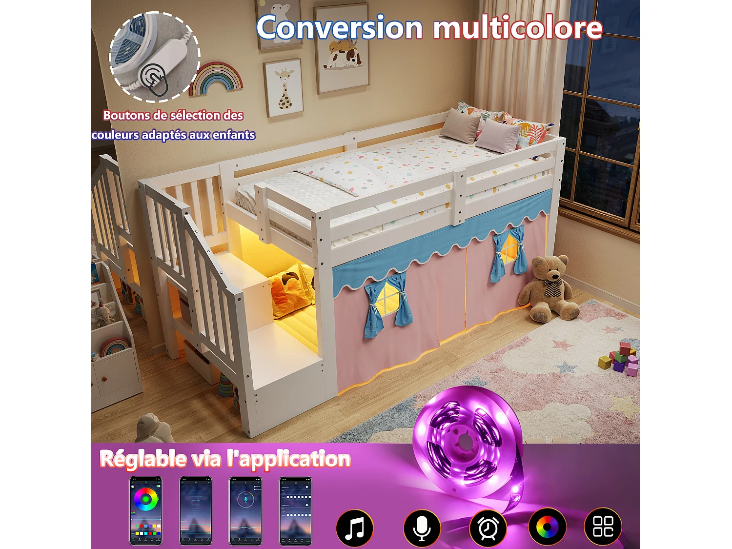 Lit mi-hauteur enfant 90 x 200 cm avec rideaux occultants, espace sous lit et LED - Pin + MDF - Blanc (Sans matelas)