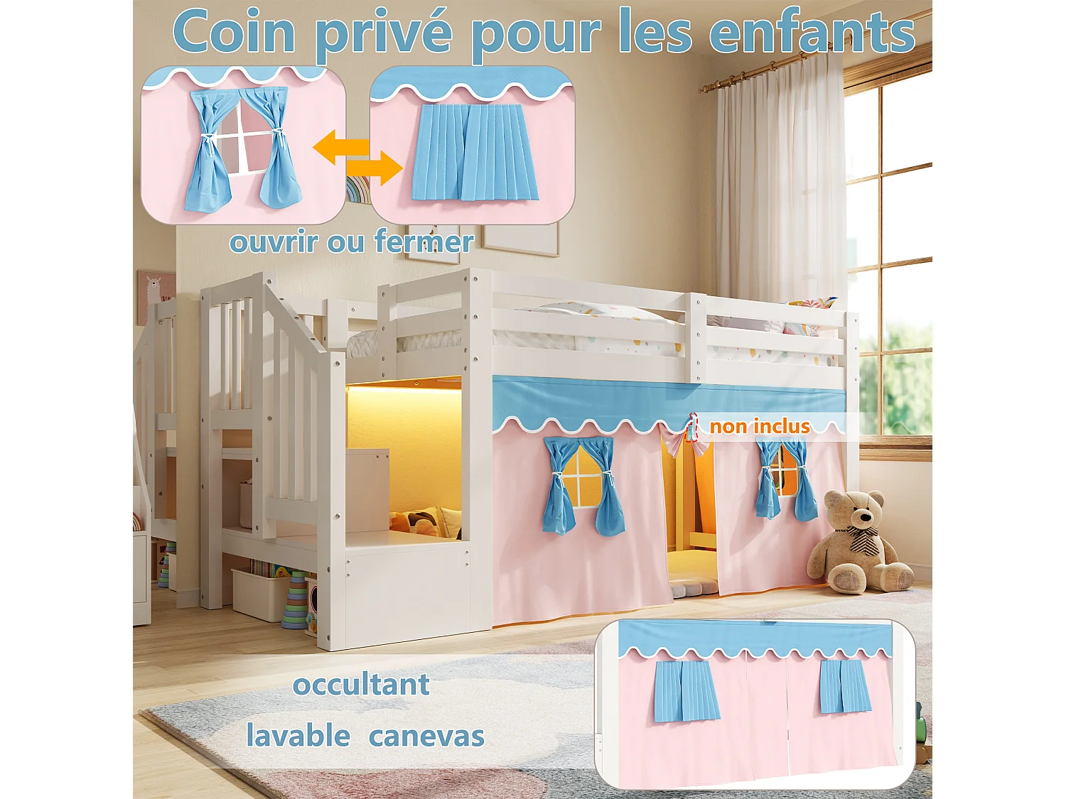 Lit mi-hauteur enfant 90 x 200 cm avec rideaux occultants, espace sous lit et LED - Pin + MDF - Blanc (Sans matelas)