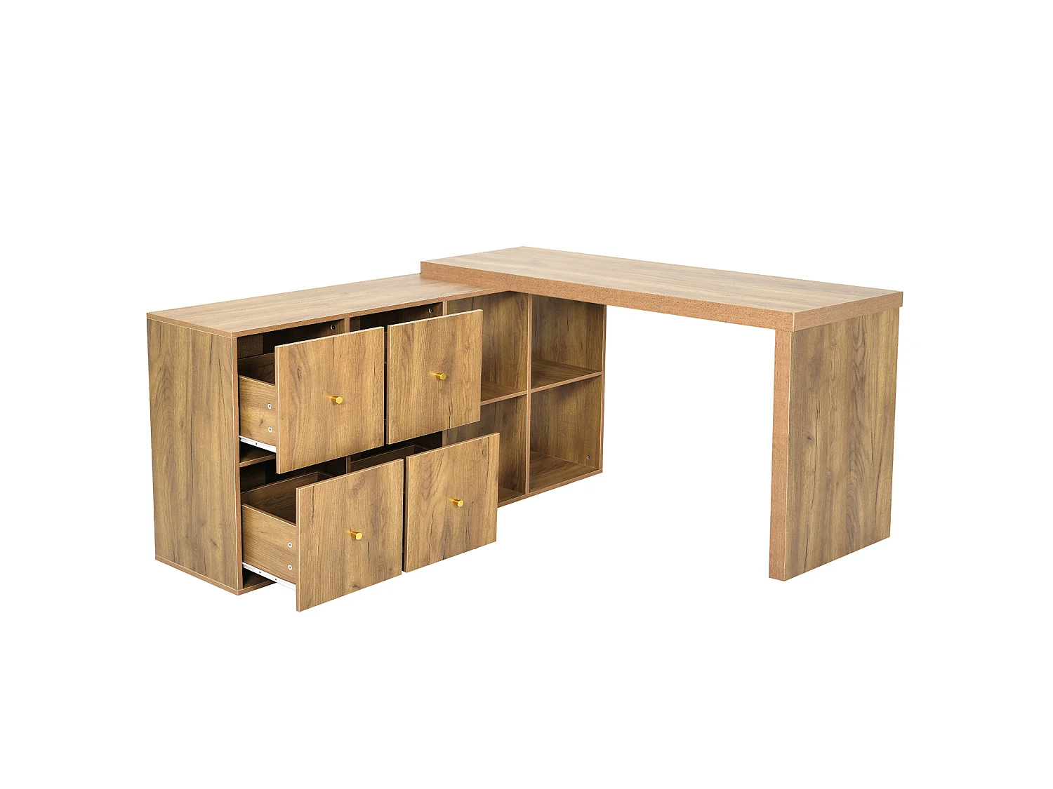 Bureau d'angle pivotant à 360° avec 4 tiroirs et 4 compartiments, orientation gauche - MDF - 120/140 cm - Chêne