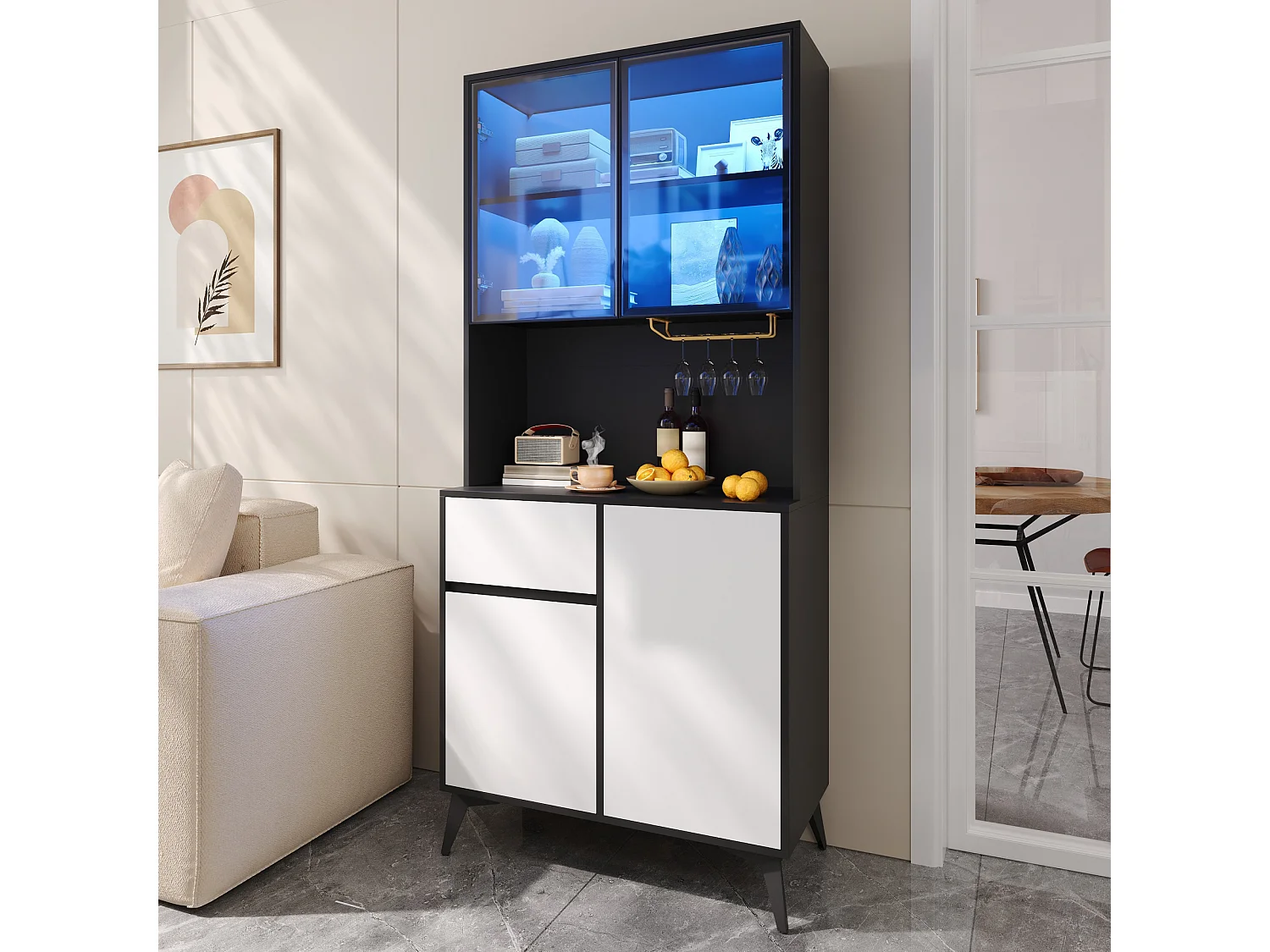 Armoire de cuisine 4 portes, 1 tiroir, porte-verres et éclairage LED – 80 x 40 x 180 cm – MDF – Blanc et noir