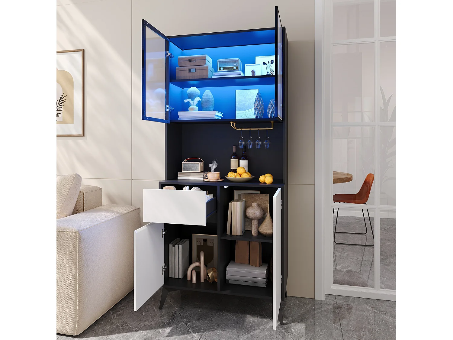 Armoire de cuisine 4 portes, 1 tiroir, porte-verres et éclairage LED – 80 x 40 x 180 cm – MDF – Blanc et noir