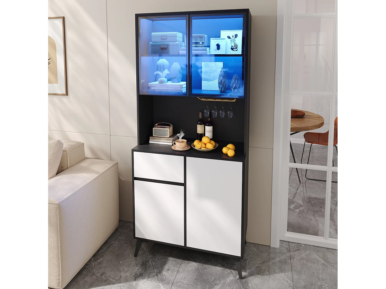 Armoire de cuisine 4 portes, 1 tiroir, porte-verres et éclairage LED – 80 x 40 x 180 cm – MDF – Blanc et noir