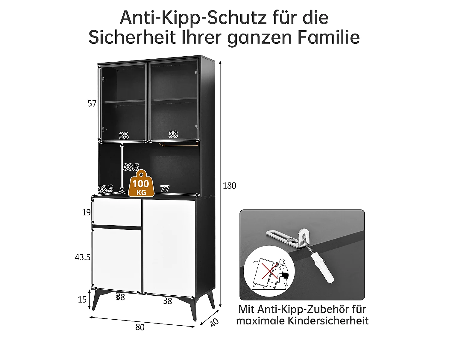 Armoire de cuisine 4 portes, 1 tiroir, porte-verres et éclairage LED – 80 x 40 x 180 cm – MDF – Blanc et noir