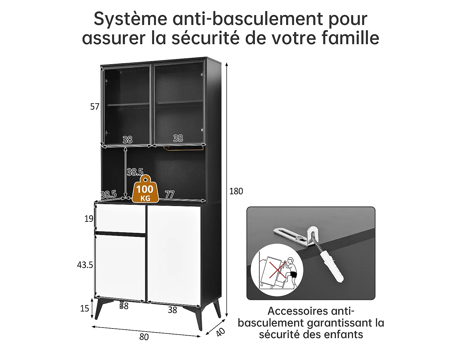 Armoire de cuisine 4 portes, 1 tiroir, porte-verres et éclairage LED – 80 x 40 x 180 cm – MDF – Blanc et noir