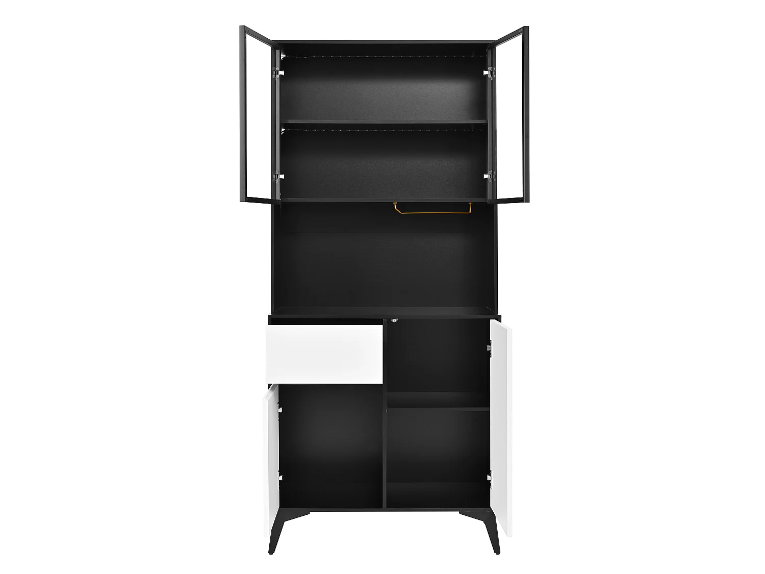 Armoire de cuisine 4 portes, 1 tiroir, porte-verres et éclairage LED – 80 x 40 x 180 cm – MDF – Blanc et noir