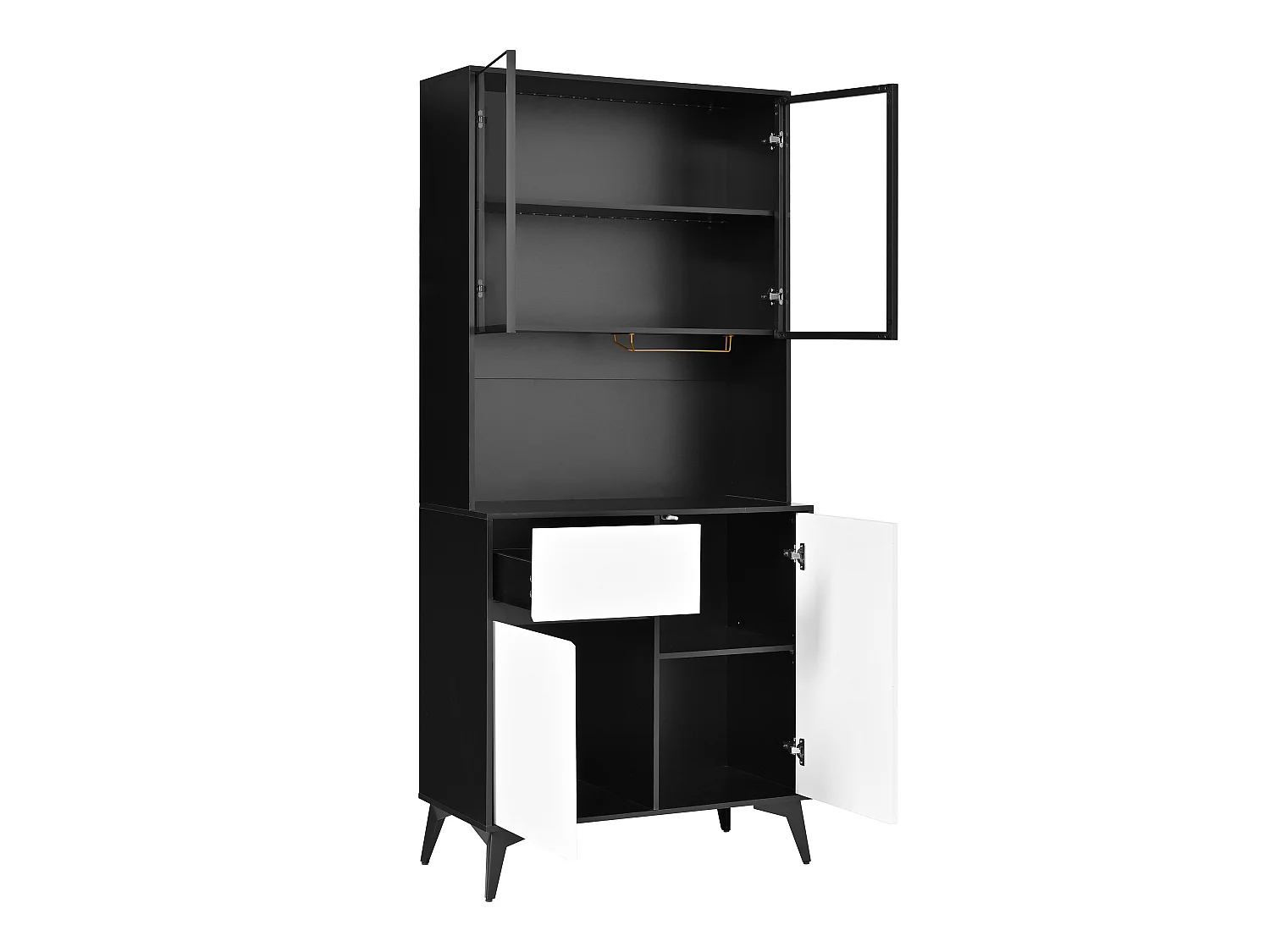 Armoire de cuisine 4 portes, 1 tiroir, porte-verres et éclairage LED – 80 x 40 x 180 cm – MDF – Blanc et noir