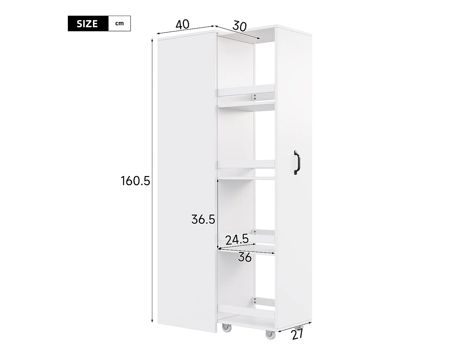 Estante estreita com rodízios, compartimentos para armazenamento e proteção antiqueda, reversível - MDF - 40 x 30 x 160,5 cm - Branca