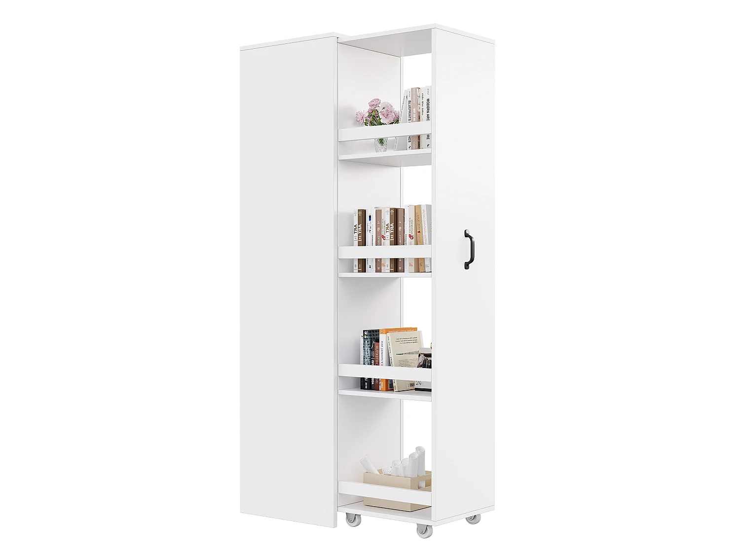 Estante estreita com rodízios, compartimentos para armazenamento e proteção antiqueda, reversível - MDF - 40 x 30 x 160,5 cm - Branca