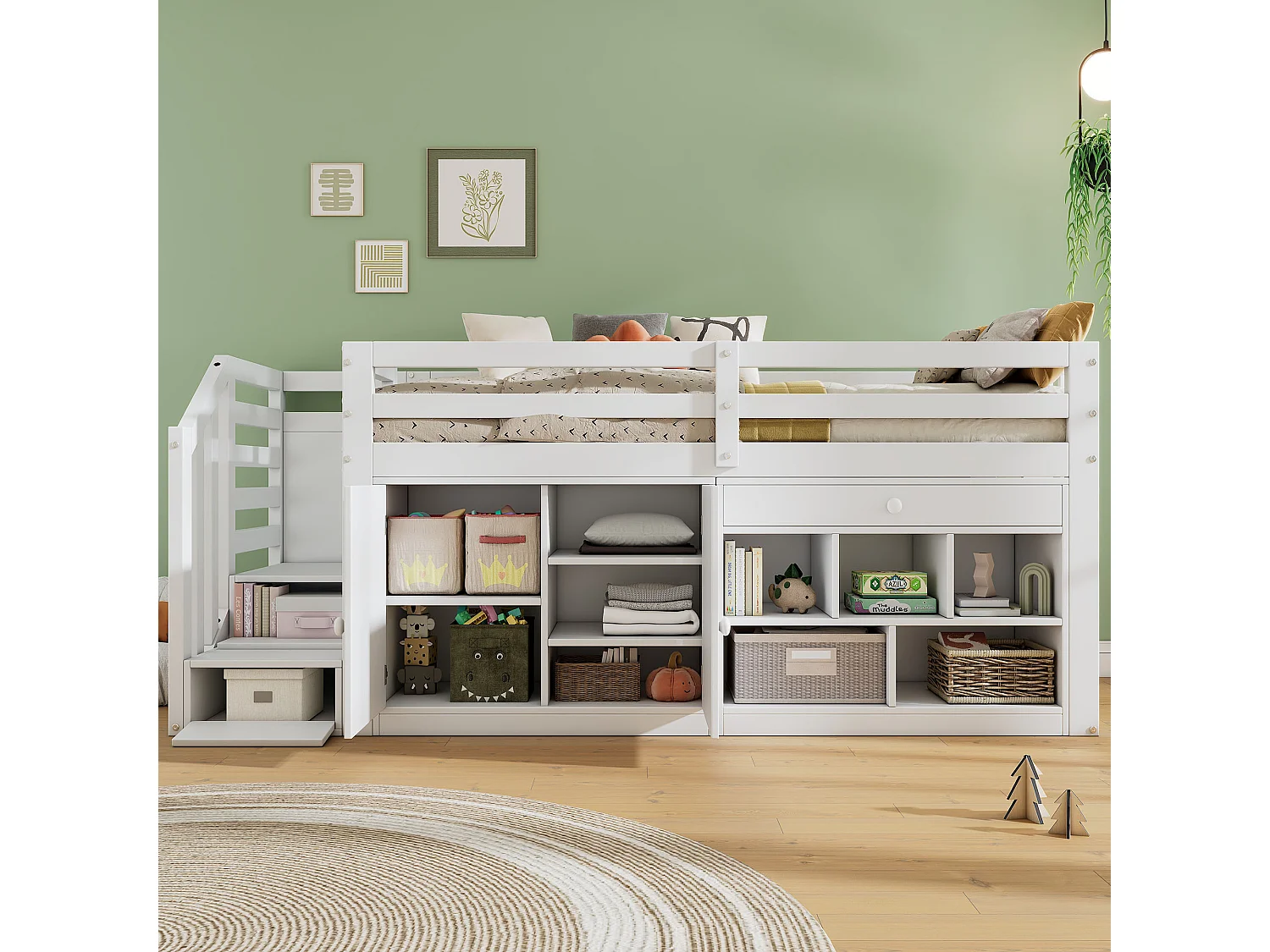 Łóżko dziecięce 90 x 200 cm ze schowkiem, składanym biurkiem, szufladami i dwustronną drabinką – lite drewno i płyta MDF – białe (materac nie jest wliczony w cenę)