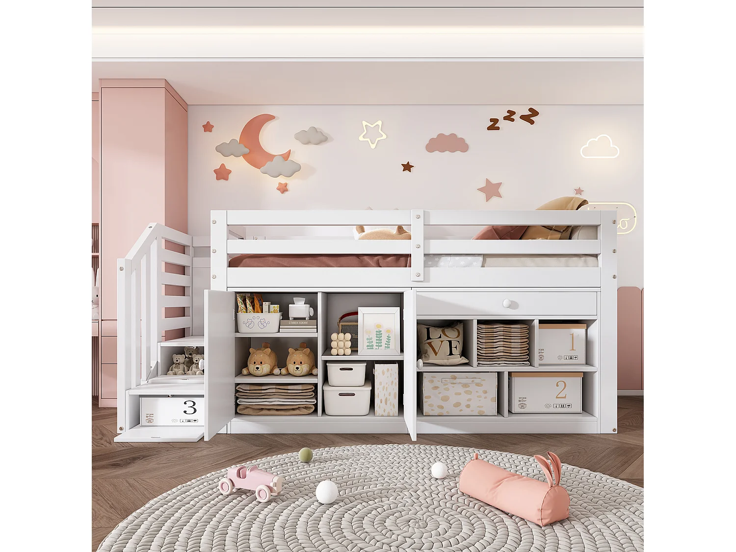 Łóżko dziecięce 90 x 200 cm ze schowkiem, składanym biurkiem, szufladami i dwustronną drabinką – lite drewno i płyta MDF – białe (materac nie jest wliczony w cenę)
