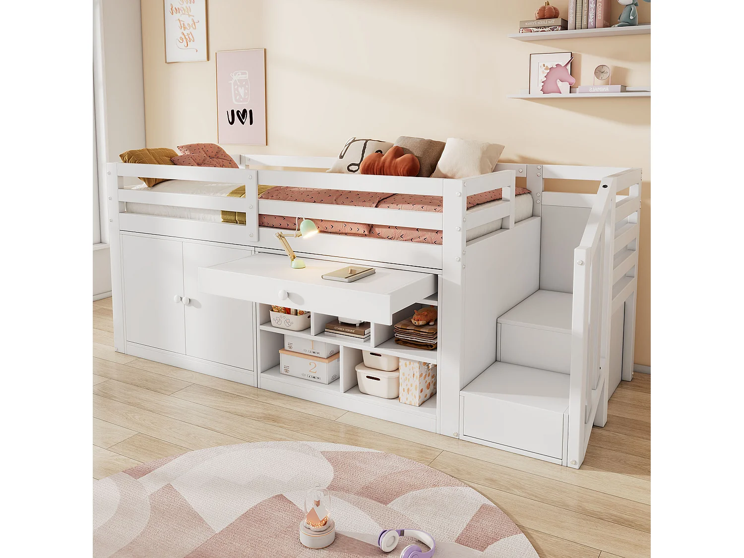 Łóżko dziecięce 90 x 200 cm ze schowkiem, składanym biurkiem, szufladami i dwustronną drabinką – lite drewno i płyta MDF – białe (materac nie jest wliczony w cenę)