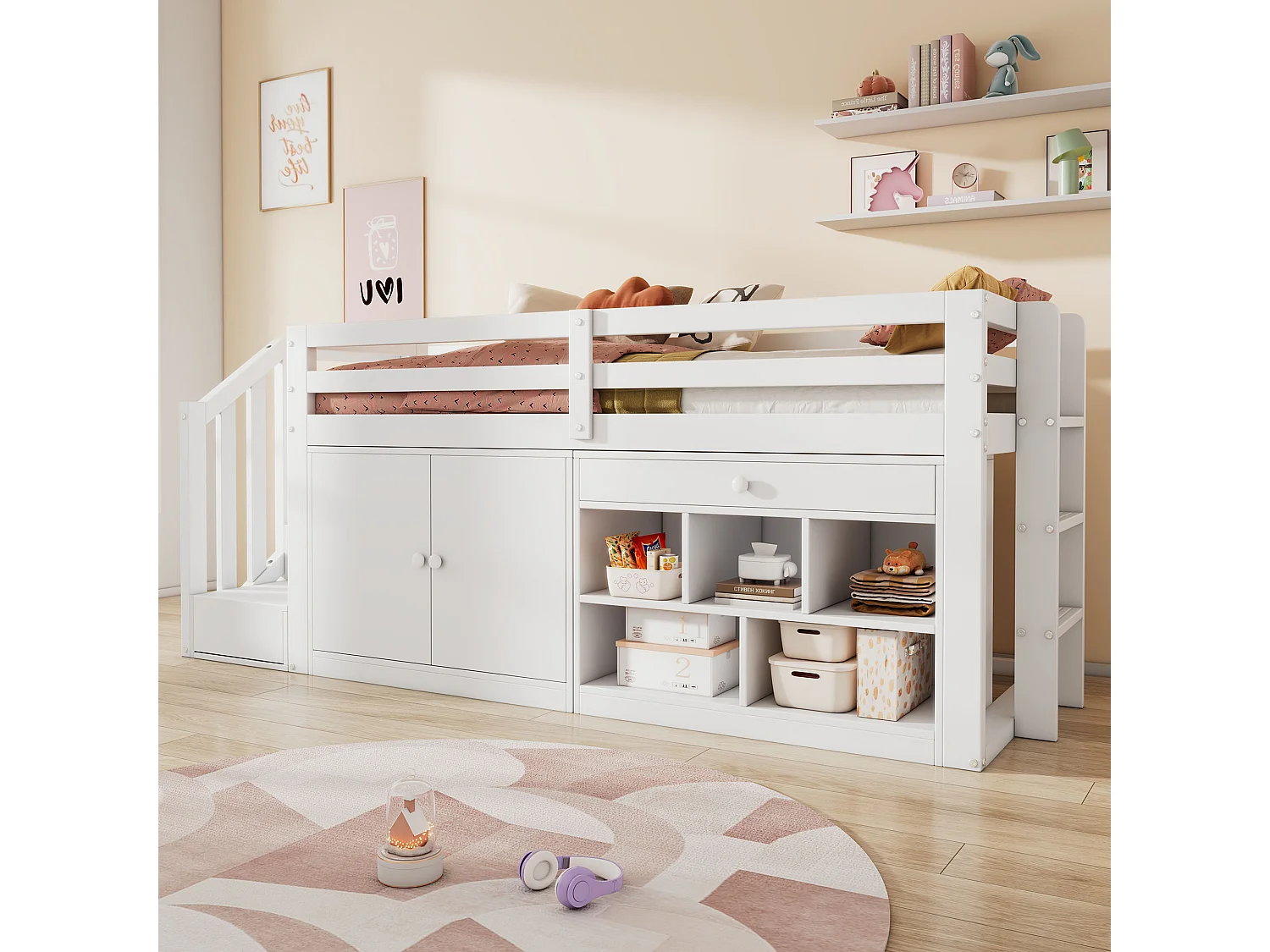 Łóżko dziecięce 90 x 200 cm ze schowkiem, składanym biurkiem, szufladami i dwustronną drabinką – lite drewno i płyta MDF – białe (materac nie jest wliczony w cenę)