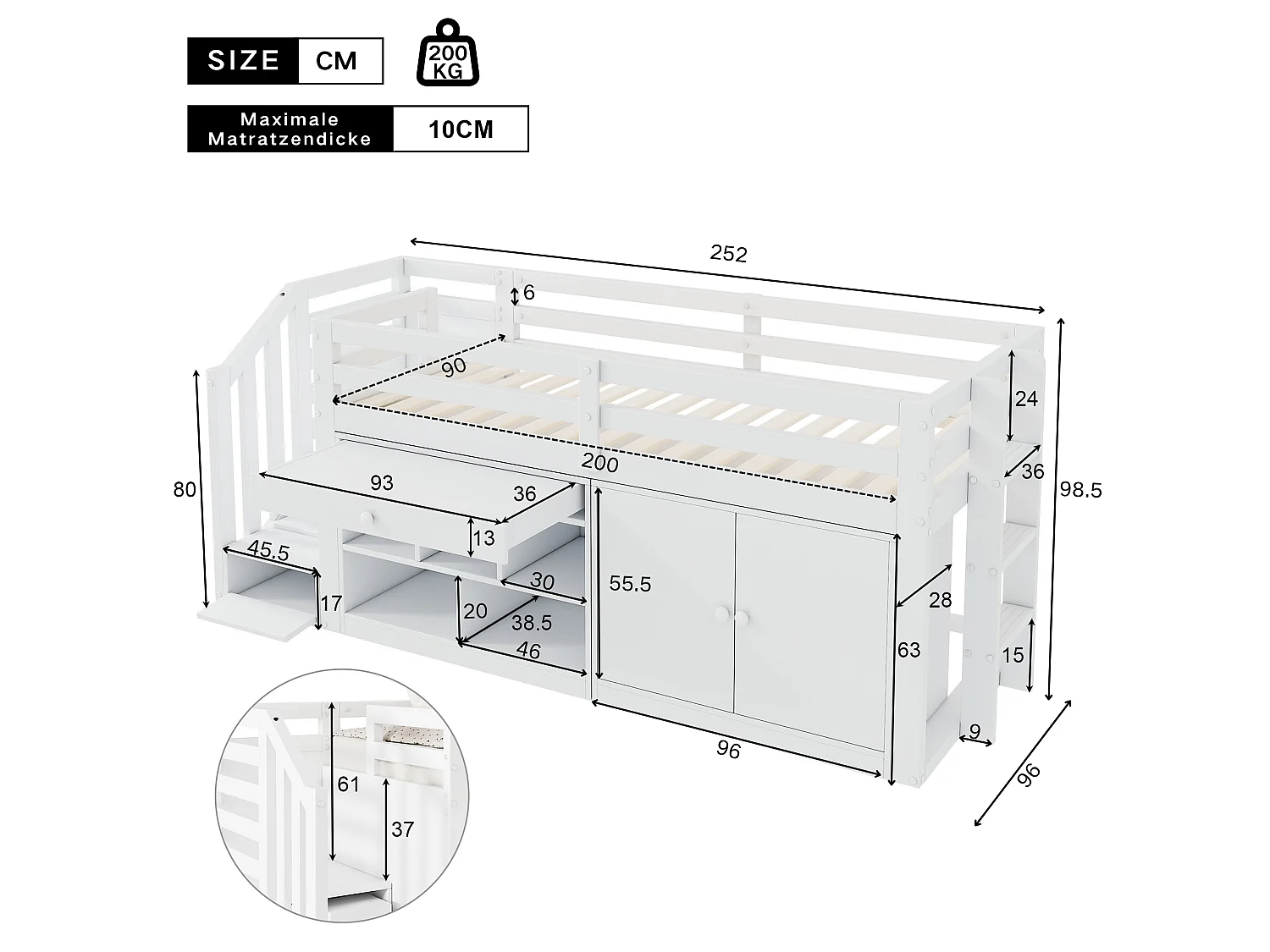 Łóżko dziecięce 90 x 200 cm ze schowkiem, składanym biurkiem, szufladami i dwustronną drabinką – lite drewno i płyta MDF – białe (materac nie jest wliczony w cenę)