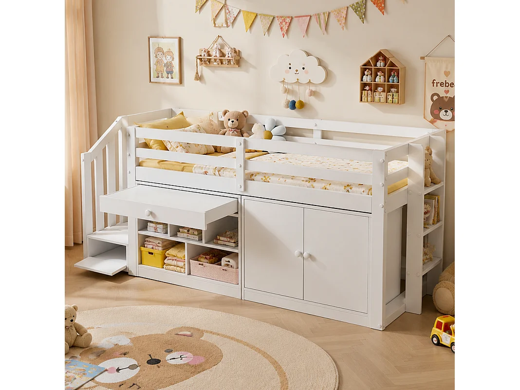 Łóżko dziecięce 90 x 200 cm ze schowkiem, składanym biurkiem, szufladami i dwustronną drabinką – lite drewno i płyta MDF – białe (materac nie jest wliczony w cenę)