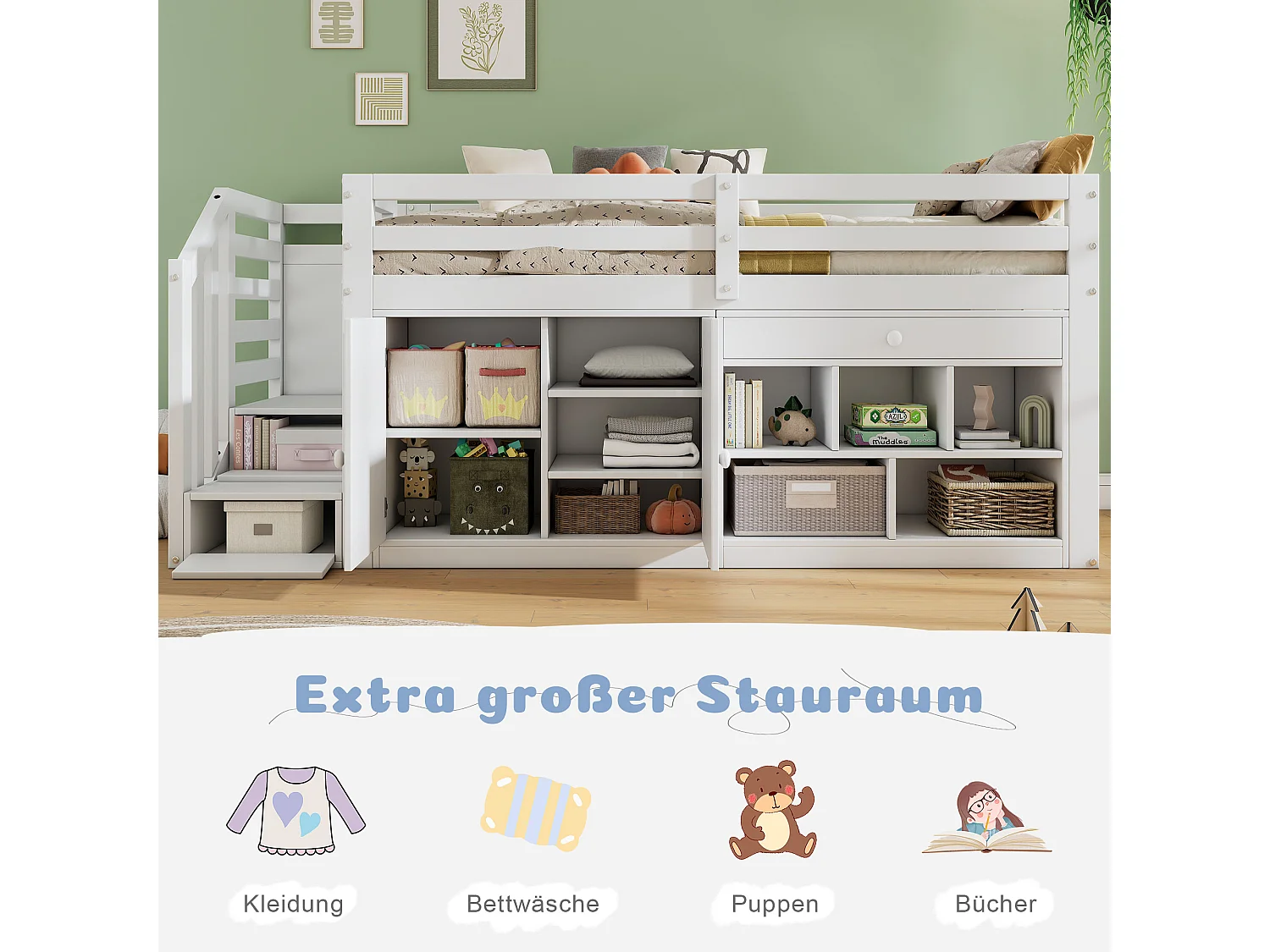 Łóżko dziecięce 90 x 200 cm ze schowkiem, składanym biurkiem, szufladami i dwustronną drabinką – lite drewno i płyta MDF – białe (materac nie jest wliczony w cenę)