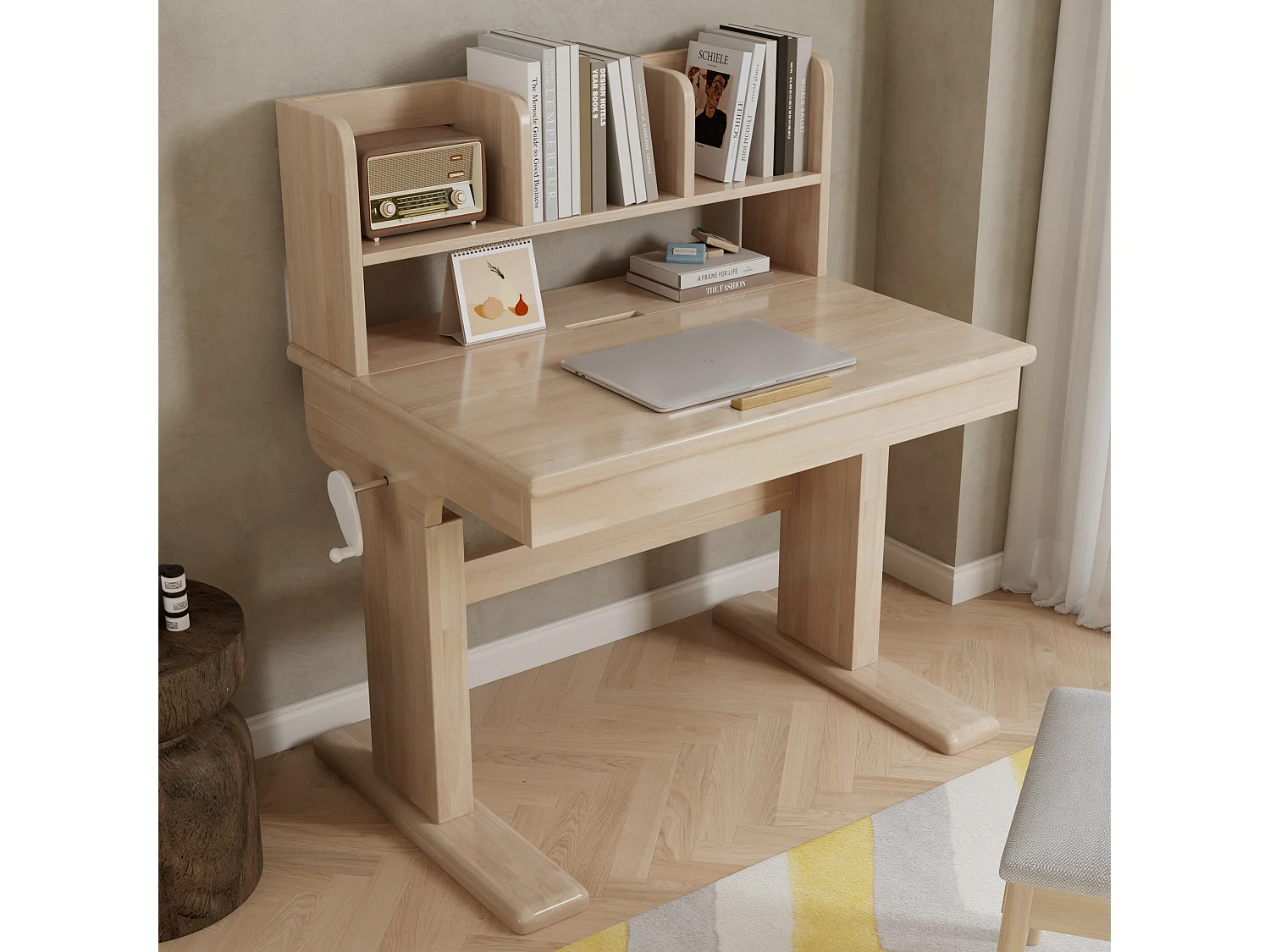 Kinderbureau met in hoogte verstelbare slinger, 80 x 60 x 89–110,5 cm, met kantelbaar blad (0–43°) en opbergruimte - Massief hout - Naturel