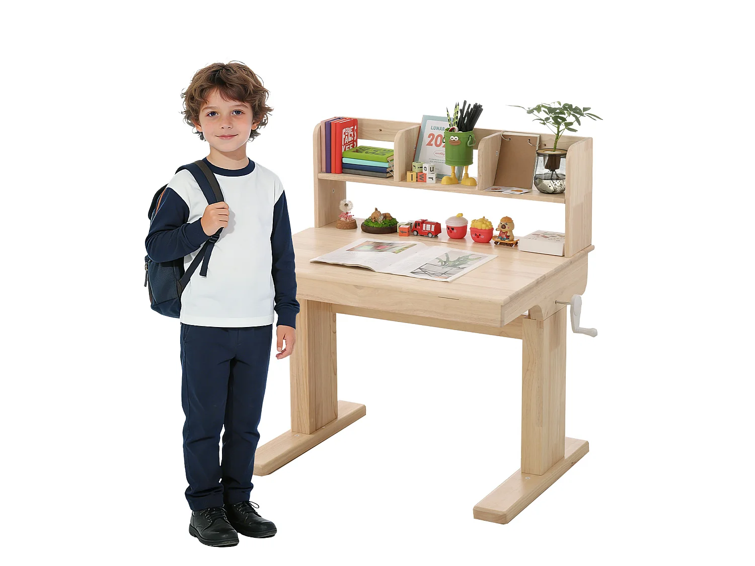 Kinderbureau met in hoogte verstelbare slinger, 80 x 60 x 89–110,5 cm, met kantelbaar blad (0–43°) en opbergruimte - Massief hout - Naturel