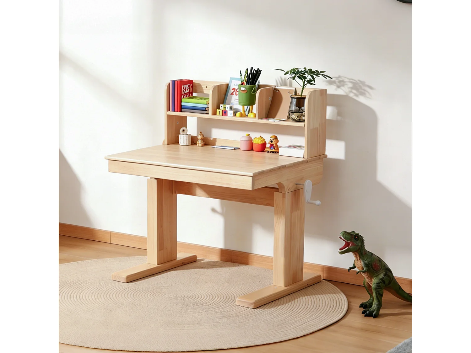 Kinderbureau met in hoogte verstelbare slinger, 80 x 60 x 89–110,5 cm, met kantelbaar blad (0–43°) en opbergruimte - Massief hout - Naturel