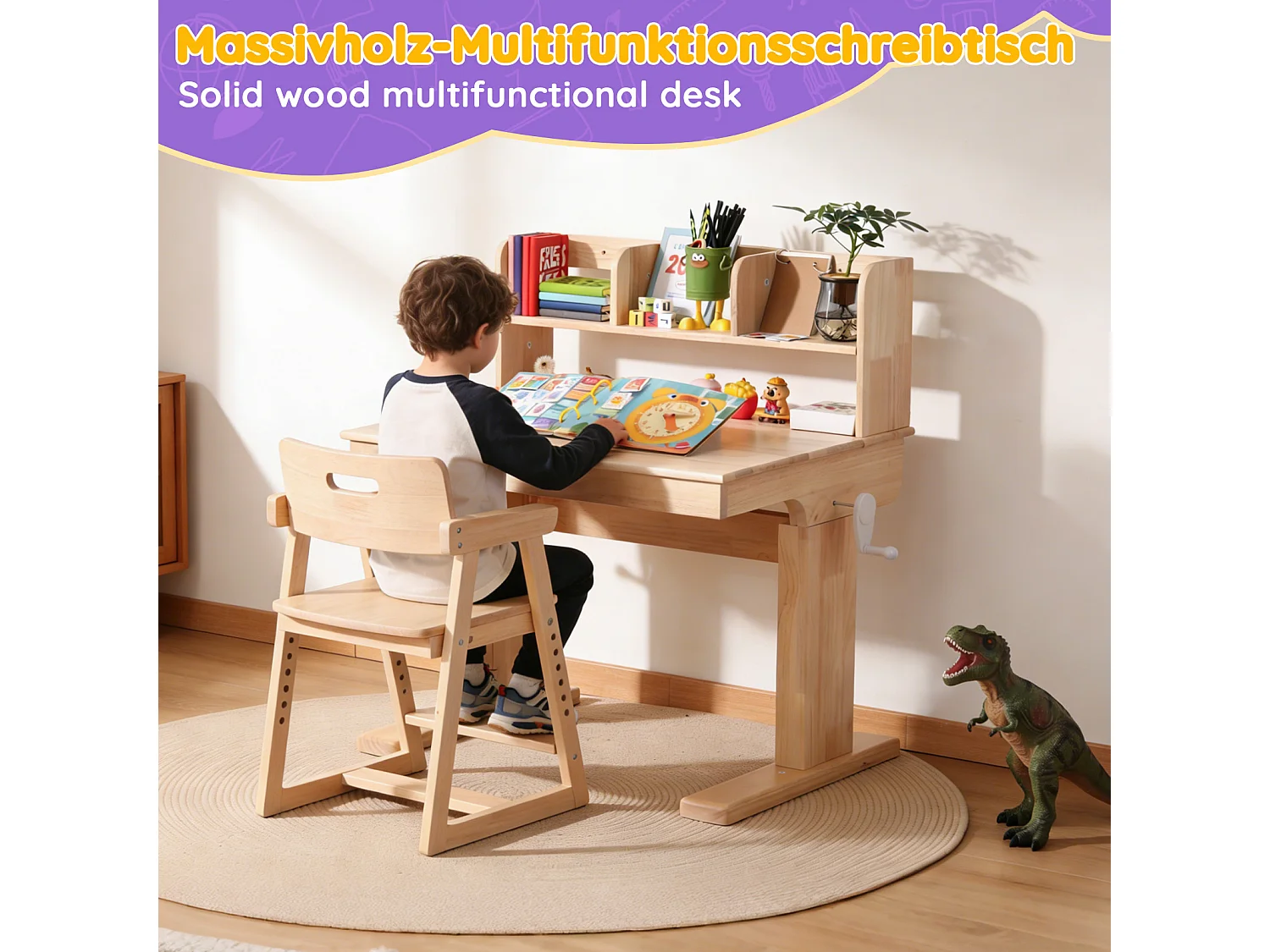 Kinderbureau met in hoogte verstelbare slinger, 80 x 60 x 89–110,5 cm, met kantelbaar blad (0–43°) en opbergruimte - Massief hout - Naturel