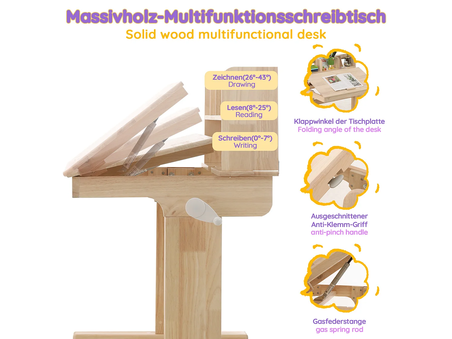 Kinderbureau met in hoogte verstelbare slinger, 80 x 60 x 89–110,5 cm, met kantelbaar blad (0–43°) en opbergruimte - Massief hout - Naturel