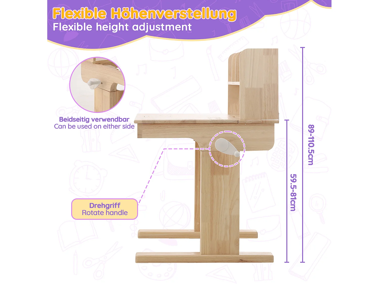 Kinderbureau met in hoogte verstelbare slinger, 80 x 60 x 89–110,5 cm, met kantelbaar blad (0–43°) en opbergruimte - Massief hout - Naturel