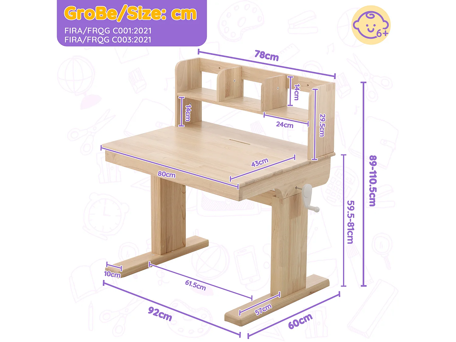 Kinderbureau met in hoogte verstelbare slinger, 80 x 60 x 89–110,5 cm, met kantelbaar blad (0–43°) en opbergruimte - Massief hout - Naturel