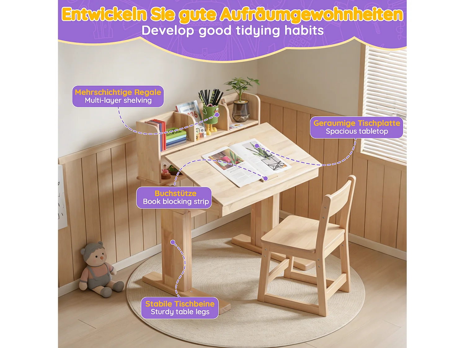 Kinderbureau met in hoogte verstelbare slinger, 80 x 60 x 89–110,5 cm, met kantelbaar blad (0–43°) en opbergruimte - Massief hout - Naturel
