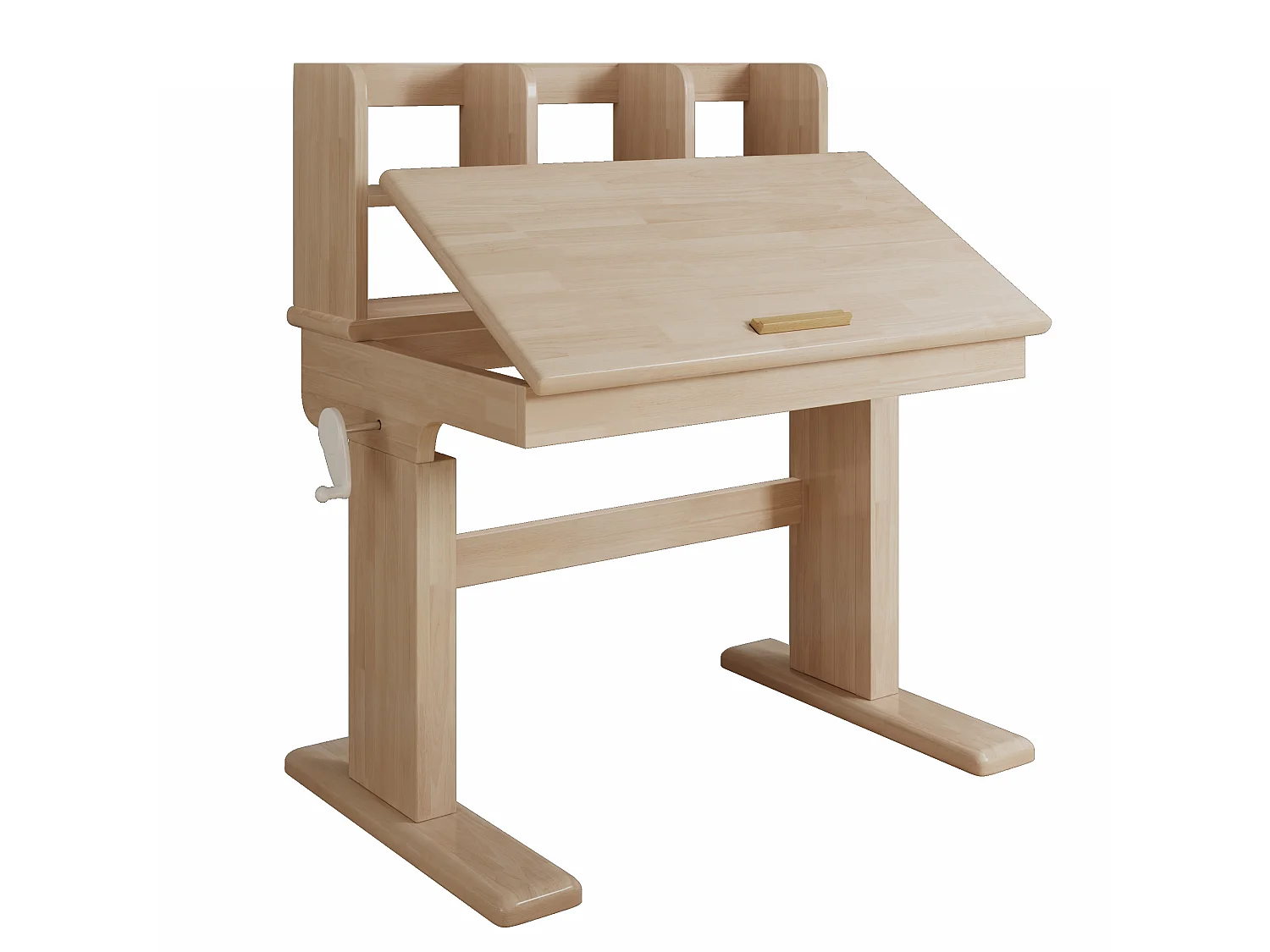 Kinderbureau met in hoogte verstelbare slinger, 80 x 60 x 89–110,5 cm, met kantelbaar blad (0–43°) en opbergruimte - Massief hout - Naturel
