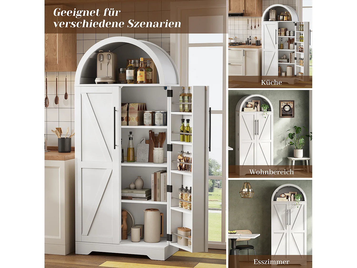 Küchenschrank mit 2 Türen, offenen Regalen und X-förmigen Türen, Vitrine – 70 x 40 x 165 cm – für Küche oder Wohnzimmer – MDF – Weiß