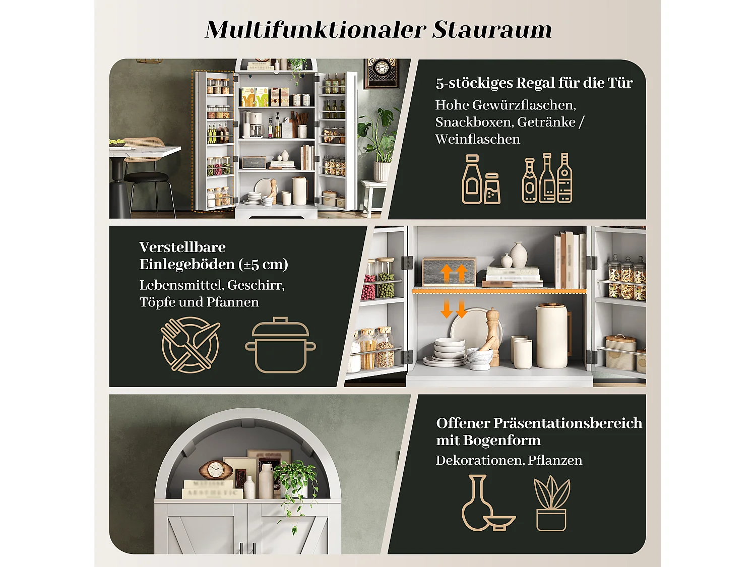 Küchenschrank mit 2 Türen, offenen Regalen und X-förmigen Türen, Vitrine – 70 x 40 x 165 cm – für Küche oder Wohnzimmer – MDF – Weiß