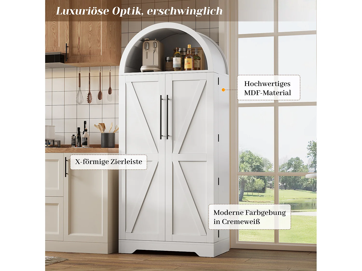 Küchenschrank mit 2 Türen, offenen Regalen und X-förmigen Türen, Vitrine – 70 x 40 x 165 cm – für Küche oder Wohnzimmer – MDF – Weiß