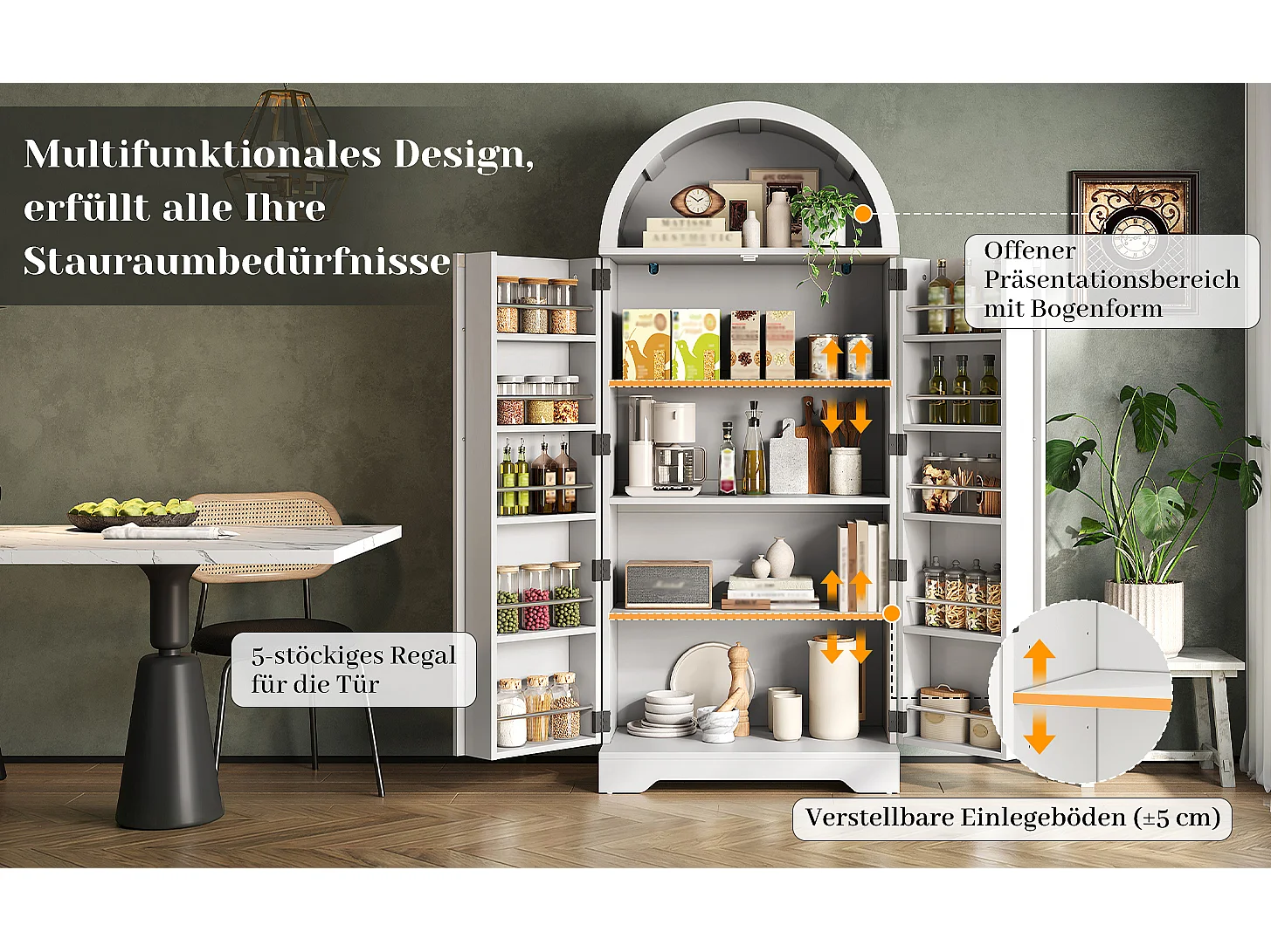 Küchenschrank mit 2 Türen, offenen Regalen und X-förmigen Türen, Vitrine – 70 x 40 x 165 cm – für Küche oder Wohnzimmer – MDF – Weiß