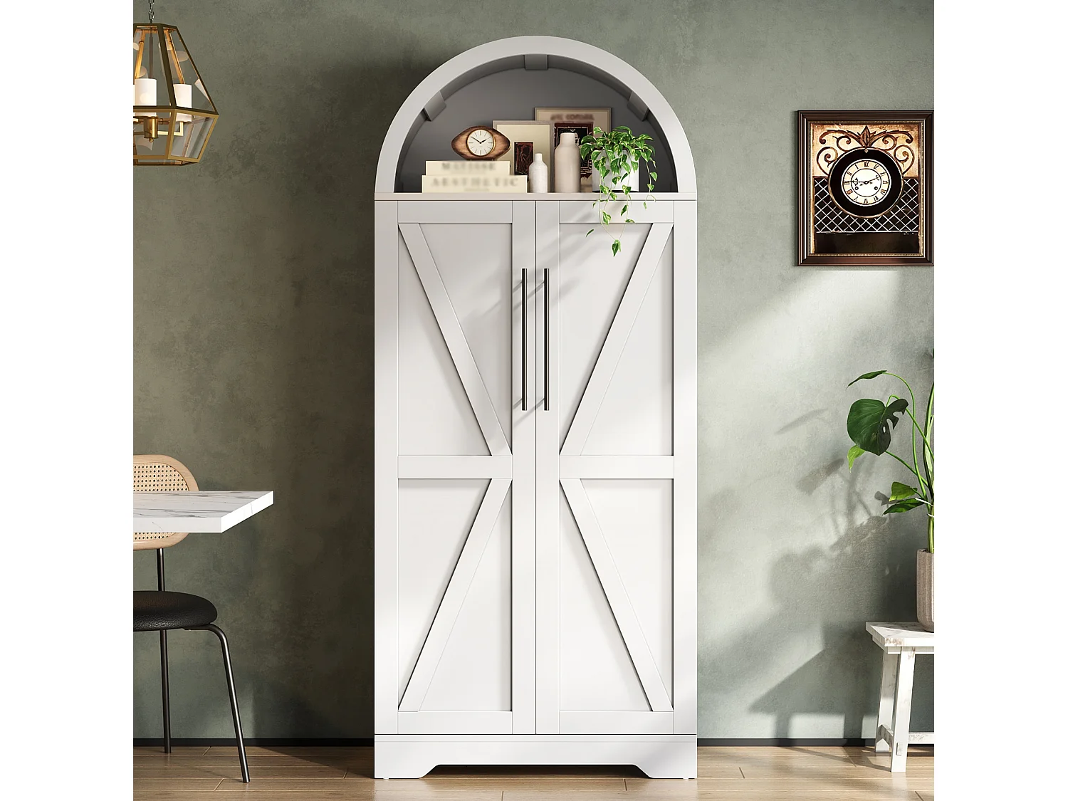Küchenschrank mit 2 Türen, offenen Regalen und X-förmigen Türen, Vitrine – 70 x 40 x 165 cm – für Küche oder Wohnzimmer – MDF – Weiß