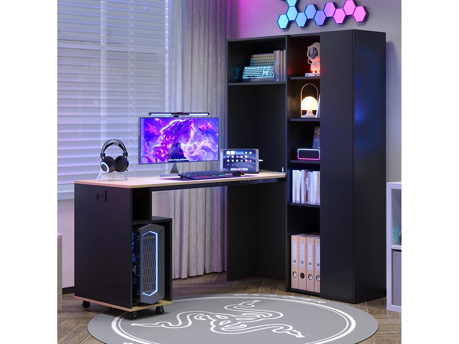 Bureau pliant 2-en-1 avec bibliothèque, étagères réglables, prise et USB - MDF - 104,5 x 30,5 x 160 cm - Noir