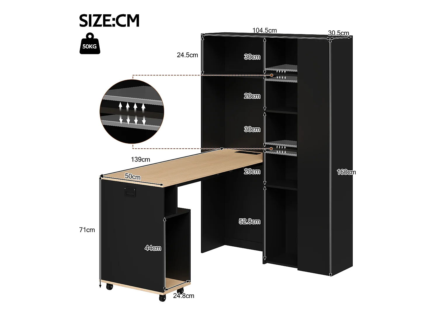 Bureau pliant 2-en-1 avec bibliothèque, étagères réglables, prise et USB - MDF - 104,5 x 30,5 x 160 cm - Noir