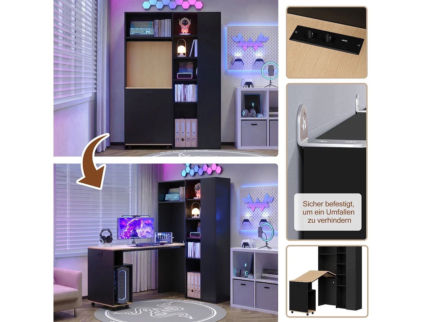 Bureau pliant 2-en-1 avec bibliothèque, étagères réglables, prise et USB - MDF - 104,5 x 30,5 x 160 cm - Noir