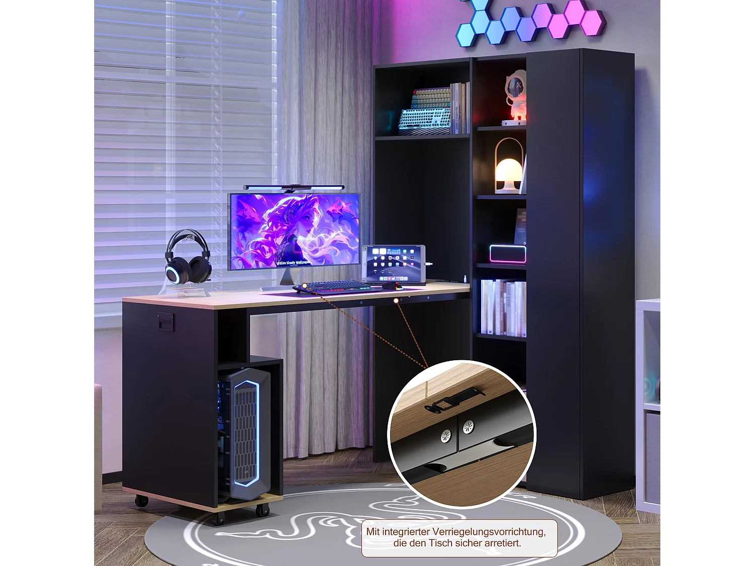 Bureau pliant 2-en-1 avec bibliothèque, étagères réglables, prise et USB - MDF - 104,5 x 30,5 x 160 cm - Noir
