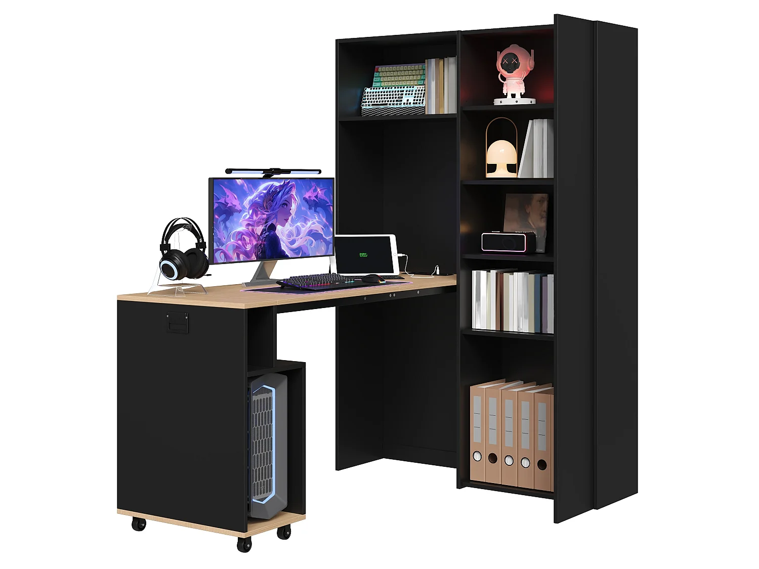 Bureau pliant 2-en-1 avec bibliothèque, étagères réglables, prise et USB - MDF - 104,5 x 30,5 x 160 cm - Noir