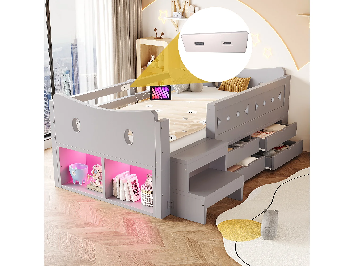Łóżko dziecięce 90 x 200 cm z 4 szufladami, 2 schowkami, barierkami zabezpieczającymi, USB typu C i diodą LED - Drewno - Szare (Materac nie jest dołączony)